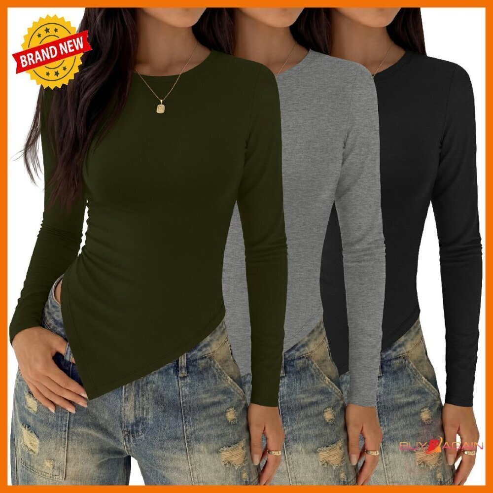 3 Pack Long Sleeve Asymmetrical Tops Ruched Slit Fitted Tees Women's Casual